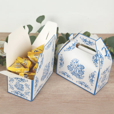25 Pack Party Favor Tote Gable Boxes in White Royal Blue Damask Floral Pattern, Candy Treat Gift Boxes - 6"x3.5"x7"