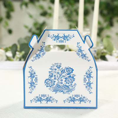 25 Pack Party Favor Tote Gable Boxes in White Royal Blue Damask Floral Pattern, Candy Treat Gift Boxes - 6"x3.5"x7"