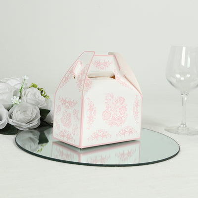 25 Pack White Pink Party Favor Tote Gable Boxes in Damask Floral Pattern, Candy Treat Gift Boxes - 6"x3.5"x7"