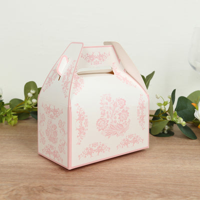 25 Pack White Pink Party Favor Tote Gable Boxes in Damask Floral Pattern, Candy Treat Gift Boxes - 6"x3.5"x7"