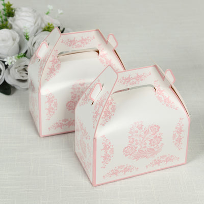25 Pack White Pink Party Favor Tote Gable Boxes in Damask Floral Pattern, Candy Treat Gift Boxes - 6"x3.5"x7"