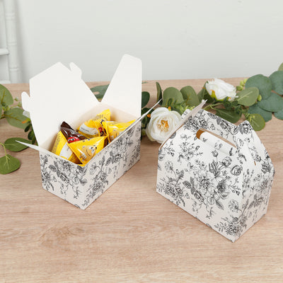 25 Pack Party Favor Gable Boxes in French Toile Pattern - Matte Black and White Candy Treat Tote Boxes, Cardstock Paper - 6"x3.5"x7"