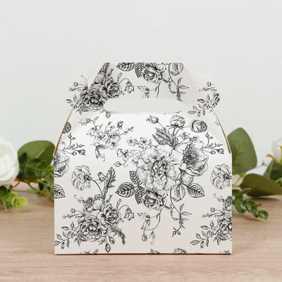 25 Pack Party Favor Gable Boxes in French Toile Pattern - Matte Black and White Candy Treat Tote Boxes, Cardstock Paper - 6"x3.5"x7"