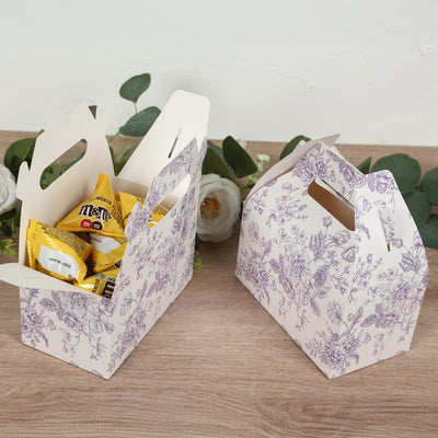 25 Pack Party Favor Gable Boxes in French Toile Pattern - Matte Lavender and White Candy Treat Tote Boxes, Cardstock Paper - 6"x3.5"x7"