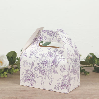 25 Pack Party Favor Gable Boxes in French Toile Pattern - Matte Lavender and White Candy Treat Tote Boxes, Cardstock Paper - 6"x3.5"x7"