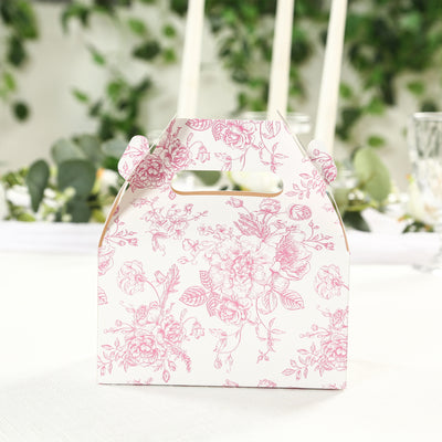 25 Pack Party Favor Gable Boxes in French Toile Pattern - Matte Pink and White Candy Treat Tote Boxes, Cardstock Paper - 6"x3.5"x7"