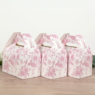 25 Pack Party Favor Gable Boxes in French Toile Pattern - Matte Pink and White Candy Treat Tote Boxes, Cardstock Paper - 6"x3.5"x7"