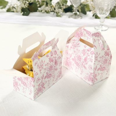 25 Pack Party Favor Gable Boxes in French Toile Pattern - Matte Pink and White Candy Treat Tote Boxes, Cardstock Paper - 6"x3.5"x7"