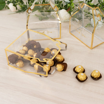 25 Pack Gold Trimmed Clear PVC Tote Gable Boxes with Thank You Print, Transparent Candy Favor Boxes for Parties & Events - 6"x3.5"x7"