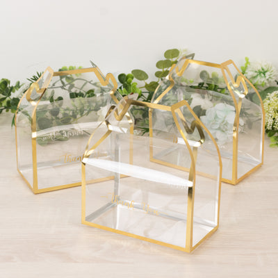 25 Pack Gold Trimmed Clear PVC Tote Gable Boxes with Thank You Print, Transparent Candy Favor Boxes for Parties & Events - 6"x3.5"x7"