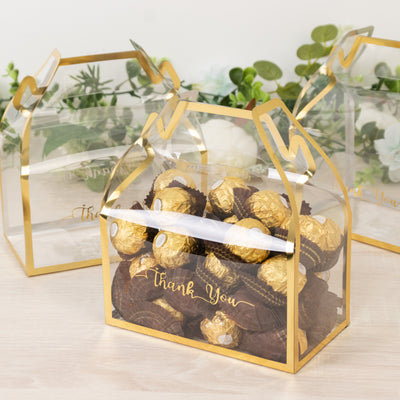 25 Pack Gold Trimmed Clear PVC Tote Gable Boxes with Thank You Print, Transparent Candy Favor Boxes for Parties & Events - 6"x3.5"x7"