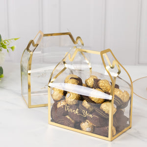 25 Pack Gold Trimmed Clear PVC Tote Gable Boxes with Thank You Print, Transparent Candy Favor Boxes for Parties & Events - 6"x3.5"x7"