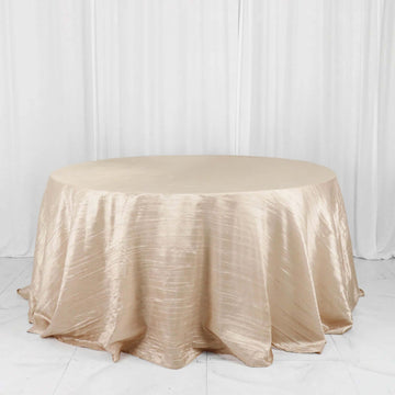 Beige Accordion Crinkle Taffeta Seamless Round Tablecloth 132" for 6 Foot Table With Floor-Length Drop