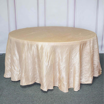 Beige Seamless Accordion Crinkle Taffeta Round Tablecloth 120" for 5 Foot Table With Floor-Length Drop