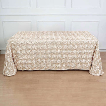 Beige Seamless Grandiose 3D Rosette Satin Rectangle Tablecloth 90"x132" for 6 Foot Table With Floor-Length Drop