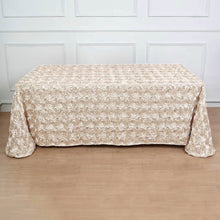 90 Inch X 132 Inch Beige Satin Rectangle Tablecloth With Grandiose 3D Rosette Design