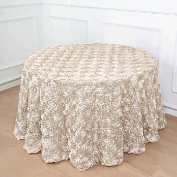 Beige Seamless Grandiose 3D Rosette Satin Round Tablecloth 120" for 5 Foot Table With Floor-Length Drop