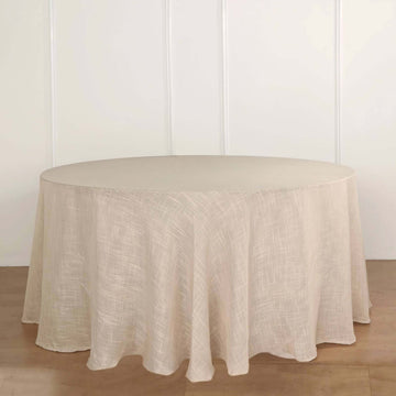 Beige Seamless Round Tablecloth, Linen Table Cloth With Slubby Textured, Wrinkle Resistant 120" for 5 Foot Table With Floor-Length Drop