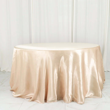 Beige Seamless Satin Round Tablecloth 132" for 6 Foot Table With Floor-Length Drop