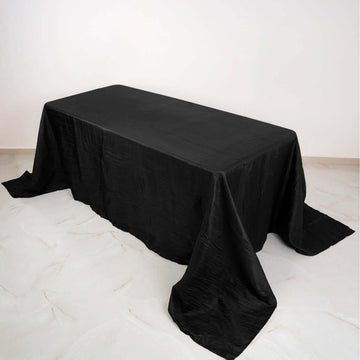 Black Accordion Crinkle Taffeta Seamless Rectangular Tablecloth 90"x132" for 6 Foot Table With Floor-Length Drop