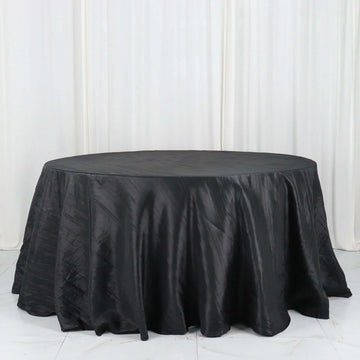 Black Accordion Crinkle Taffeta Seamless Round Tablecloth 132" for 6 Foot Table With Floor-Length Drop