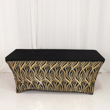 Black Gold Stretch Spandex Rectangle Tablecloth 6ft With Wave Embroidered Sequins, Fitted Table Cover for 72"x30" Tables