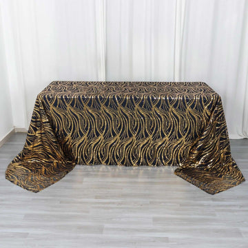 Black Gold Wave Mesh Rectangular Tablecloth With Embroidered Sequins 90"x156" for 8 Foot Table With Floor-Length Drop