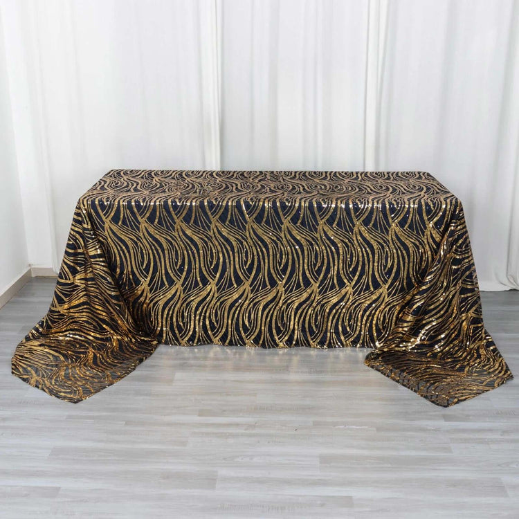 90x156inch Black Gold Wave Mesh Rectangular Tablecloth With Embroidered Sequins