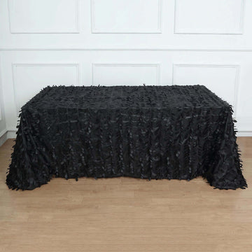 Black 3D Leaf Petal Taffeta Fabric Seamless Rectangle Tablecloth 90"x156" for 8 Foot Table With Floor-Length Drop