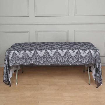 Black Premium Lace Seamless Rectangle Tablecloth, Vintage Lace Table Cover With Scalloped Frill Edges 60"x120"