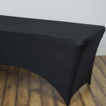 Black Stretch Spandex Rectangle Tablecloth 8ft Wrinkle Free Fitted Table Cover for 96"x30" Tables