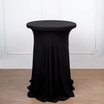 Black Round Heavy Duty Spandex Cocktail Table Cover With Wavy Drapes