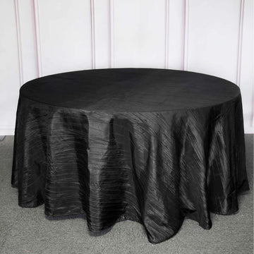 Black Seamless Accordion Crinkle Taffeta Round Tablecloth 120" for 5 Foot Table With Floor-Length Drop