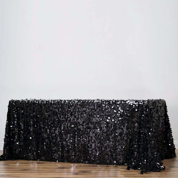 Black Seamless Big Payette Sequin Rectangle Tablecloth Premium 90"X156" for 8 Foot Table With Floor-Length Drop