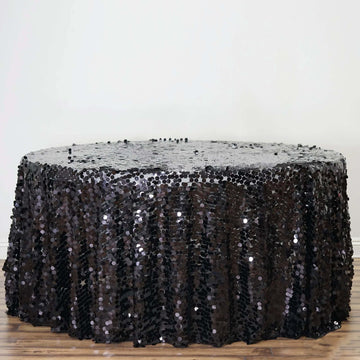 Black Seamless Big Payette Sequin Round Tablecloth Premium Collection 120" for 5 Foot Table With Floor-Length Drop