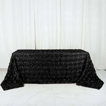 Black Seamless Grandiose 3D Rosette Satin Rectangle Tablecloth 90"x132" for 6 Foot Table With Floor-Length Drop