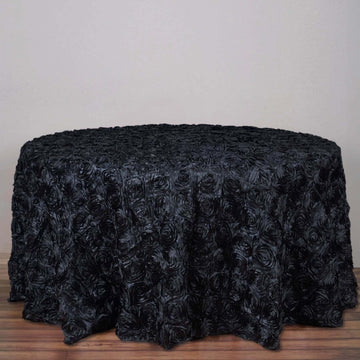 Black Seamless Grandiose 3D Rosette Satin Round Tablecloth 120" for 5 Foot Table With Floor-Length Drop