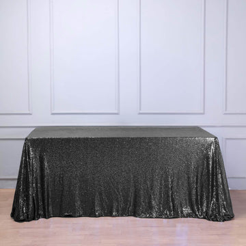 Black Seamless Premium Sequin Rectangle Tablecloth 90"x132" for 6 Foot Table With Floor-Length Drop