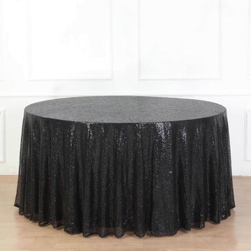 Black Seamless Premium Sequin Round Tablecloth, Sparkly Tablecloth 132" for 6 Foot Table With Floor-Length Drop