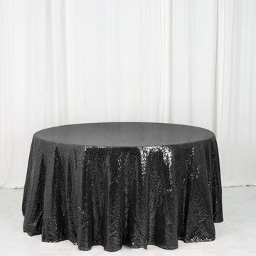 Black Seamless Premium Sequin Round Tablecloth 120" for 5 Foot Table With Floor-Length Drop