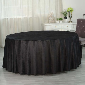 Black Seamless Premium Velvet Round Tablecloth, Reusable Linen 120" for 5 Foot Table With Floor-Length Drop