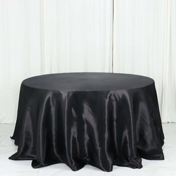 Black Seamless Satin Round Tablecloth 132" for 6 Foot Table With Floor-Length Drop