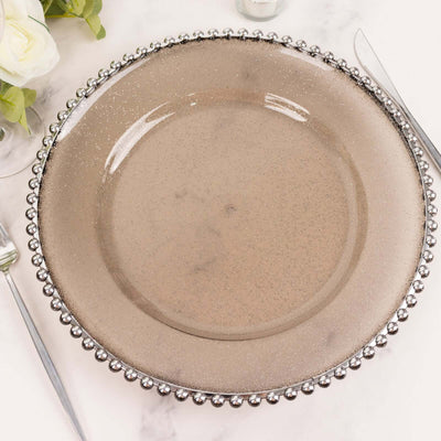 6-Pack Acrylic Charger Plates 13" Round Transparent Black with Silver Glittered Beaded Rim - Decorative Dinner Party Charger Tableware