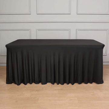 Black Wavy Spandex Fitted Rectangle 1-Piece Tablecloth Table Skirt 6ft, Stretchy Table Skirt Cover with Ruffles For 72"x30" Tables