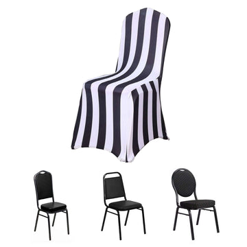 Black and White Striped Spandex Stretch Fitted Banquet Chair Cover With Foot Pockets 160 GSM 2"