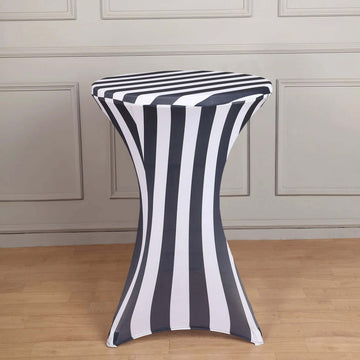 Black and White Striped Spandex Stretch Fitted Cocktail Tablecloth 160 GSM