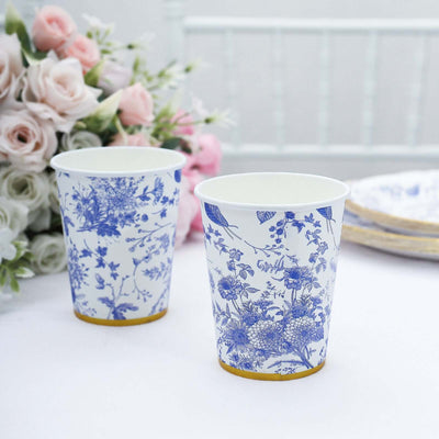 24 Pack Paper Cups in White Blue French Toile Pattern with Gold Rim, Elegant Disposable Party Cups - 9oz