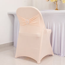 Blush Spandex Folding Slip On Chair Covers with Silver Rhinestone Buckled Sash Band