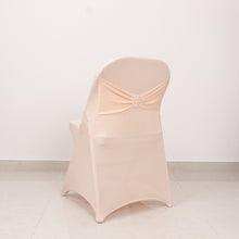 Blush Spandex Folding Slip On Chair Covers with Silver Rhinestone Buckled Sash Band