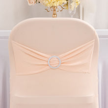 Blush Spandex Folding Slip On Chair Covers with Silver Rhinestone Buckled Sash Band